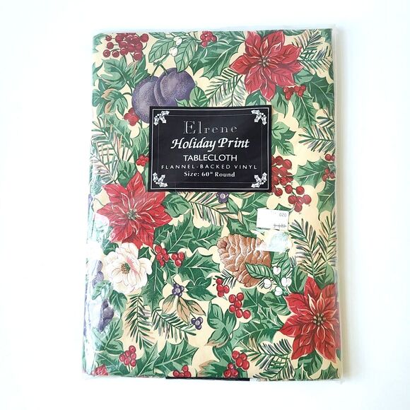elrene Other - Vintage Elrene Christmas Tablecloth Holiday Print Vinyl Flannel Back 60" Round